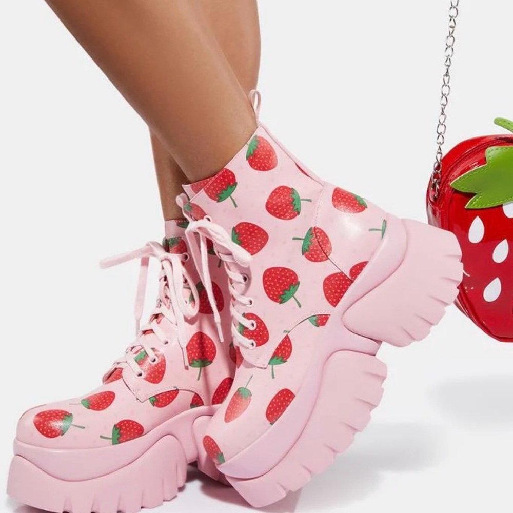 Pink Strawberry Print Platform Combat Boots Club Kid Rave Cosplay Vegan